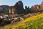 Europe, Grece, Plain of Thessaly, Valley of Penee, World Heritage of UNESCO since 1988, Orthodox Christian monasteries of Meteora perched atop impressive gray rock masses sculpted by erosion, Kastraki village