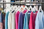Handcrafted woolen clothes for sale at clothes shop, Bavaria, Germany