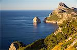 High angle view of coast and El Colomer island, Majorca, Spain