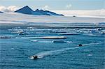 Zodiac with tourists cruising through the icebergs, Brown Bluff, Tabarin Peninsula, Antarctica, Polar Regions