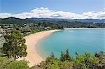 View from hillside over the sandy beach at Little Kaiteriteri, Kaiteriteri, Tasman, South Island, New Zealand, Pacific