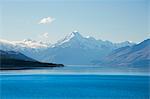 View across tranquil Lake Pukaki to Aoraki  (Mount Cook), near Twizel, Mackenzie district, Canterbury, South Island, New Zealand, Pacific