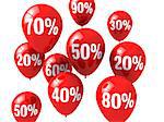 Red balloons showing discount prices isolated on the white background  (3d render)