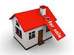 3d illustration of a house with a price tag saying "for sale"