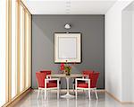Minimalist dining room with round table,red chairs and large window - 3d rendering
