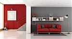 Red and gray modern living room with staircase,sofa and bookcase - 3d rendering