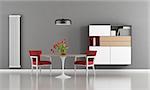 Modern dining room with round table, red chair and sideboard on wall - 3d rendering