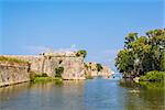 Moat and walls of the Venetian Castle of Agia Mavra at the Greek island of Lefkada. The original building of the castle of Agia Mavra was constructed in 1300.