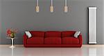 Red and gray modern living room with sofa,coffee table and radiator on wall - 3d rendering