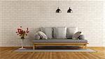 Living room with wooden sofa and brick wall - 3d rendering