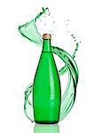 Bottle of sparkling healthy water with splashes on white background