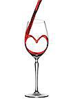 Pouring wine heart romantic shape to elegant glass on white background