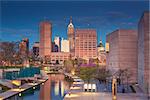 Cityscape image of downtown Indianapolis, Indiana during twilight blue hour.