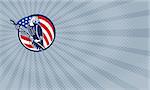 Business card showing Illustration of a wild turkey perching on American stars and stripes flag set inside circle done in retro style .