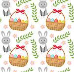 Easter seamless pattern with eggs basket and rabbit. Endless Spring background, texture, digital paper. Vector illustration