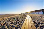 Boardwalk with Beach Huts at Sunrise, Domburg, North Sea, Zeeland, Netherlands