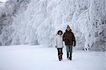 Couple walking in the snow.