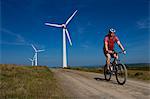 Mountain biker at a wind farm.