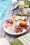 Plate of sliced meats, bread and mustard