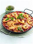 Dish of chicken and shrimp paella