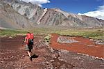 Woman descends the Horcones Valley from Plaza de Mulas on Aconcagua in the Andes Mountains, Mendoza Province, Argentina