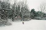 Woman carrying toboggan in snow, Petersburg, Michigan, USA