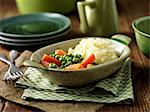 Maris Piper mashed potatoes, peas and carrots