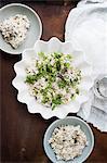 Still life with bowls of tuna and rice salad