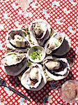 Overhead view of table with plate of champagne oysters