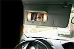 Over the shoulder view of businesswoman putting on mascara in car