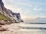 View of cliffs and blurred ocean waves, Morro Bay, California, USA