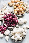 Overhead view of garlic bulbs and onions in bowls