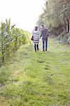 Rear view of couple strolling in field holding hands