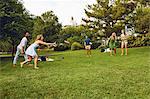 Five adult friends playing with flying disc in park