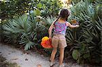 Girl collecting seagrape (coccoloba uvifera) leaves, Blowing Rocks Preserve, Jupiter, Florida, USA