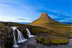 Kirkjufell Mountain and Kirkjufoss Waterfall at dusk, Snaefellsnes Peninsula, Iceland, Polar Regions