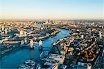 High view of London skyline along the River Thames from Tower Bridge to Canary Wharf, London, England, United Kingdom, Europe