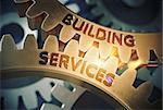 Building Serviceson the Golden Cogwheels. Building Services - Illustration with Lens Flare. 3D Rendering.