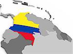 Map of Colombia with embedded national flag. 3D illustration