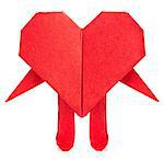 Red heart of origami with arms and legs isolated on white background.