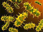 Many pathogen viruses on abstract background of orange and brown color. 3d render