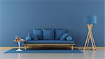 Blue modern living room with wooden sofa with cushion - 3d rendering