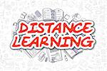 Distance Learning - Sketch Business Illustration. Red Hand Drawn Word Distance Learning Surrounded by Stationery. Cartoon Design Elements.