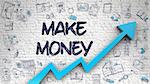 Make Money - Success Concept. Inscription on the White Brickwall with Doodle Icons Around. White Wall with Make Money Inscription and Blue Arrow. Business Concept.