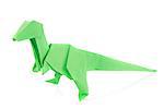 Green Velociraptor dinosaur of origami, isolated on white background.