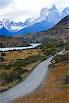 beautiful view in torres del paine national park in patagonia, chile, view of cuernos del paine and road