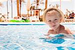 Portrait of cute happy little girl having fun in swimming pool. Active summer vacation on the beach.