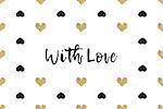 Valentine greeting card with text, black and gold hearts. Inscription - With Love