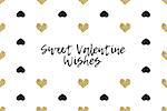 Valentine greeting card with text, black and gold hearts. Inscription - Sweet Valentine Wishes