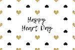 Valentine greeting card with text, black and gold hearts. Inscription - Happy Heart Day